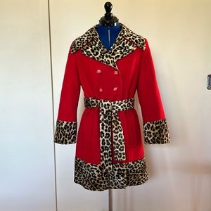 Awesome Vintage 60s Double Breasted Red Wool Coat Jacket with Leopard Print Trim